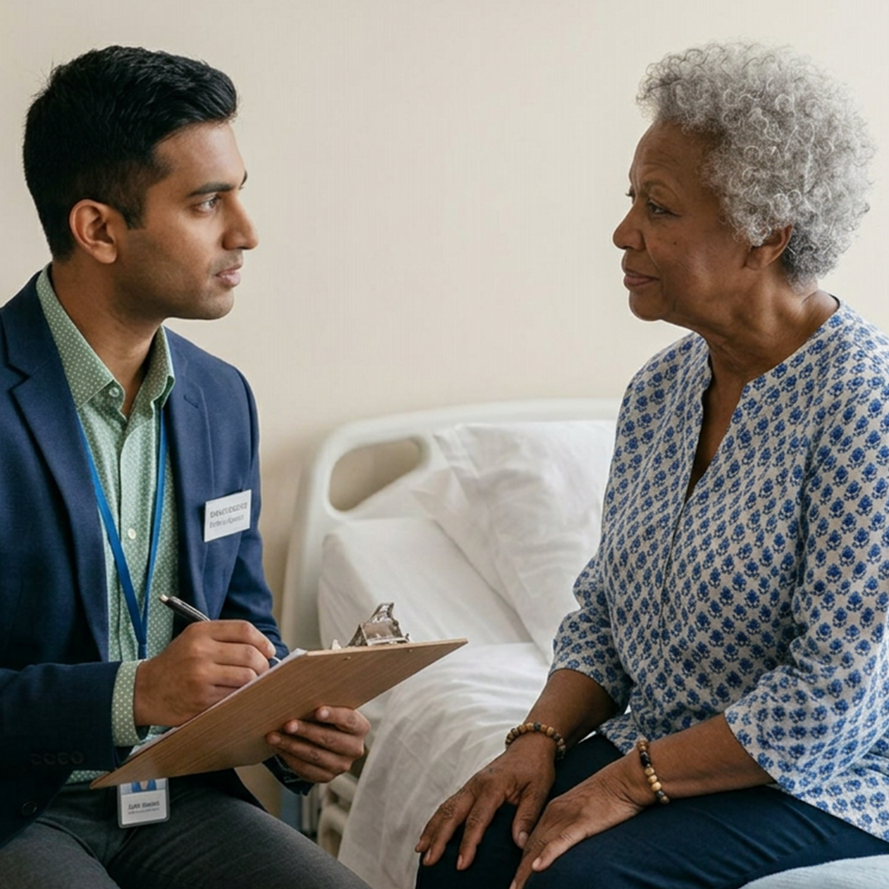 A patient advocate helping a patient with paperwork